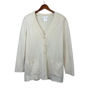 Vintage ESCADA Margaretha Ley Wool Blend Ivory Pockets Buttons Cardigan Size L